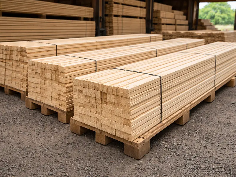 Stapel von ordentlich angeordneten Holzbrettern sind auf Paletten im Freien platziert und mit schwarzen Bändern gesichert, während im Hintergrund weiteres Holz gelagert wird.